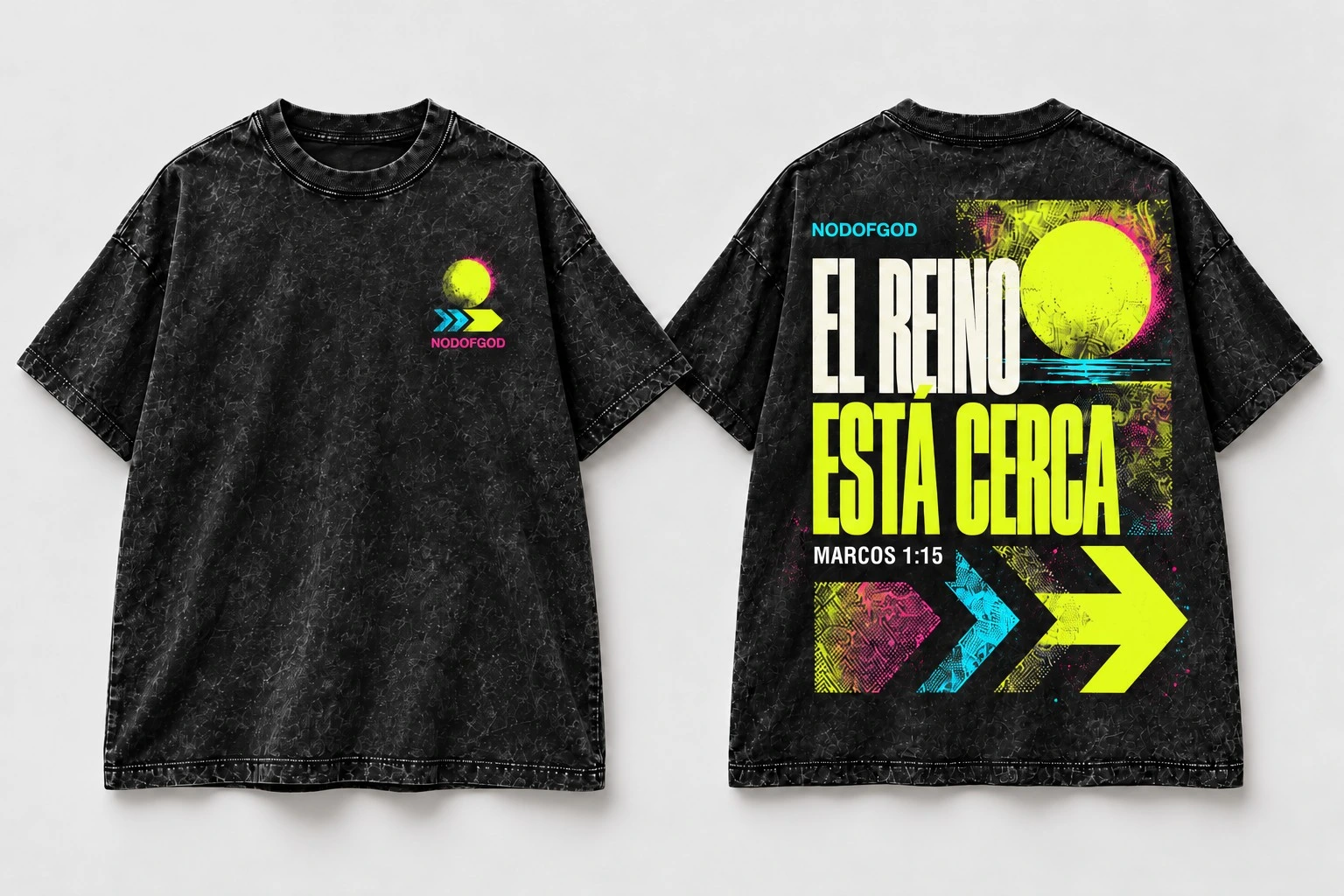 Polera EL REINO ESTÁ CERCA · MARCOS 1:15, frente y espalda