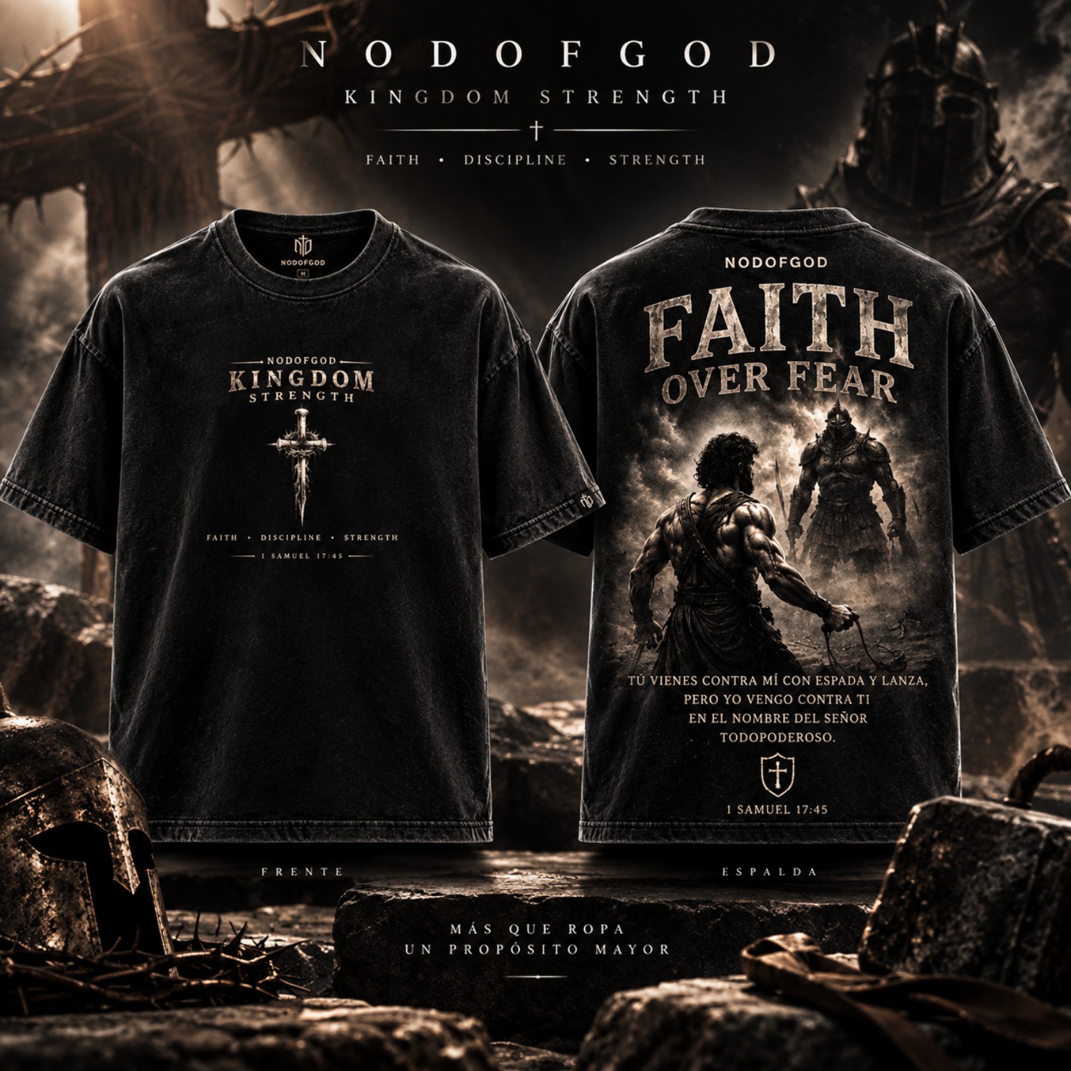 Polera NODOFGOD Faith Over Fear, vista frontal y posterior