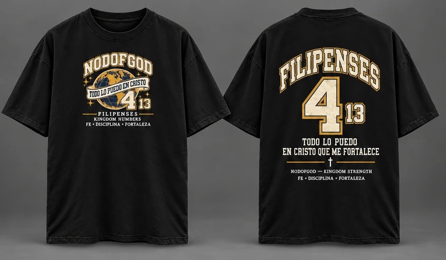 Polera Kingdom Numbers Filipenses 4:13, vistas delantera y trasera
