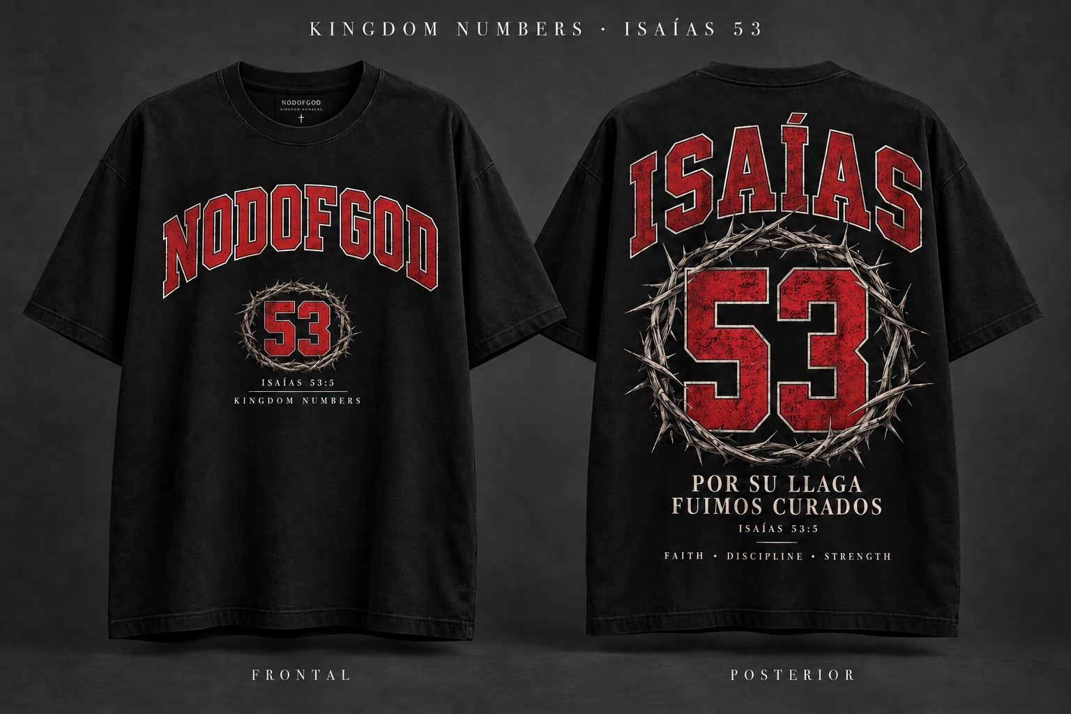 Polera Isaías 53:5 roja, corona de espinas, frente y espalda, negra