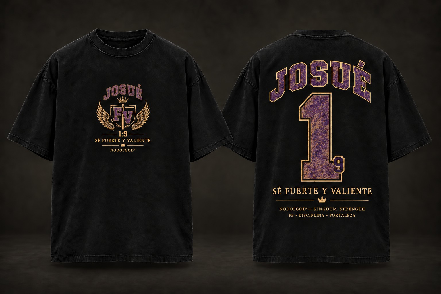 Polera Kingdom Numbers Josué 1:9 en morado, vista delantera y trasera
