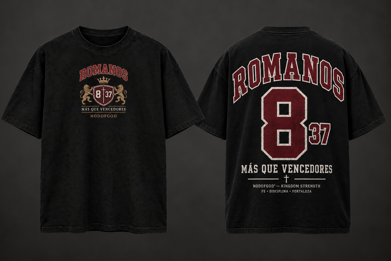Polera Kingdom Numbers Romanos 8:37 en rojo, vista delantera y trasera
