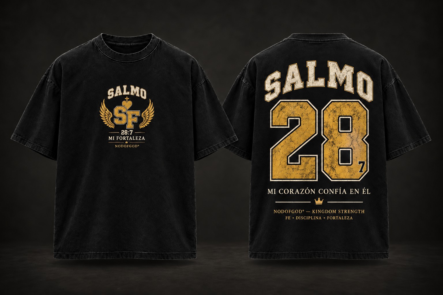 Polera Kingdom Numbers Salmo 28:7 en dorado, vista delantera y trasera