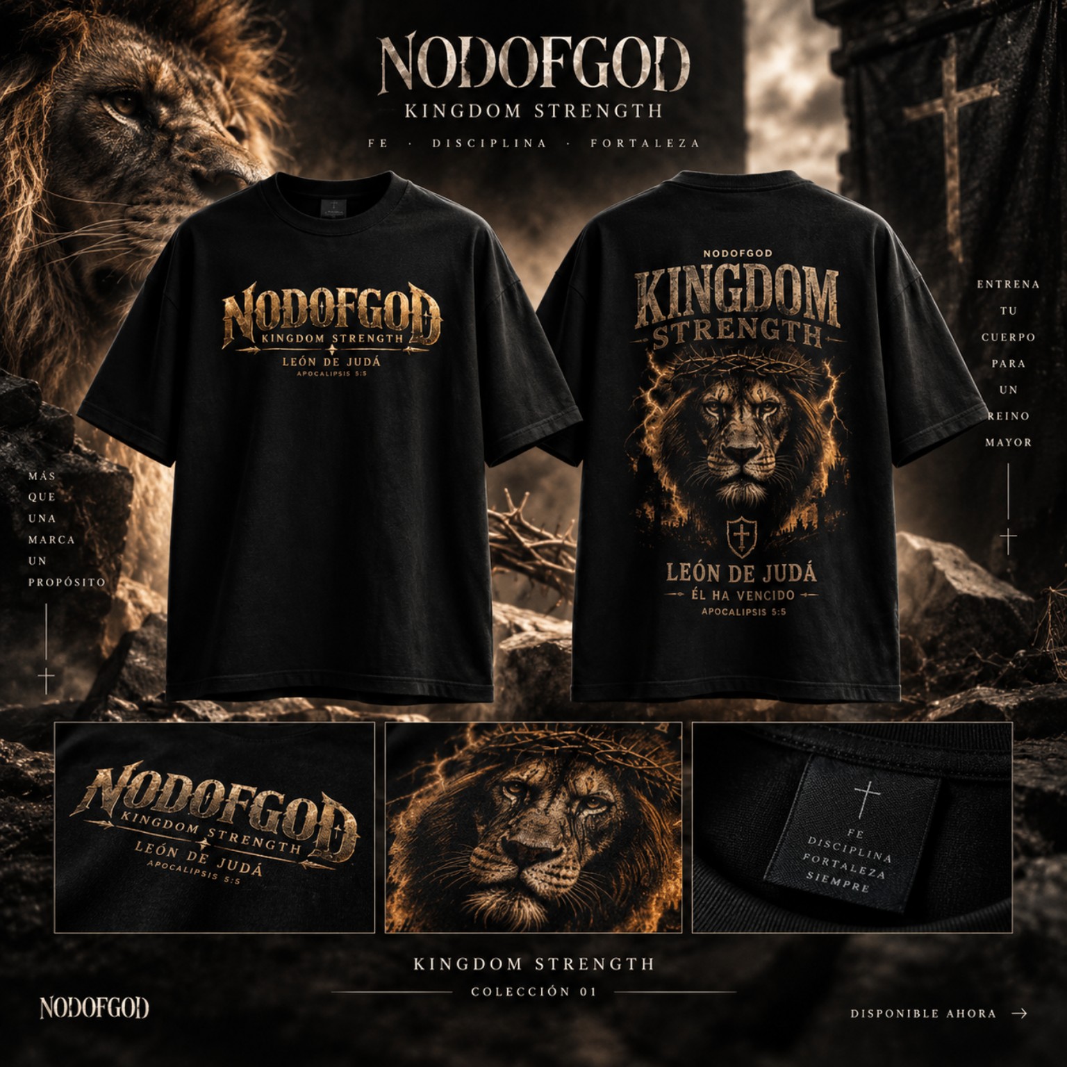 Polera NODOFGOD León de Judá, vista frontal y posterior