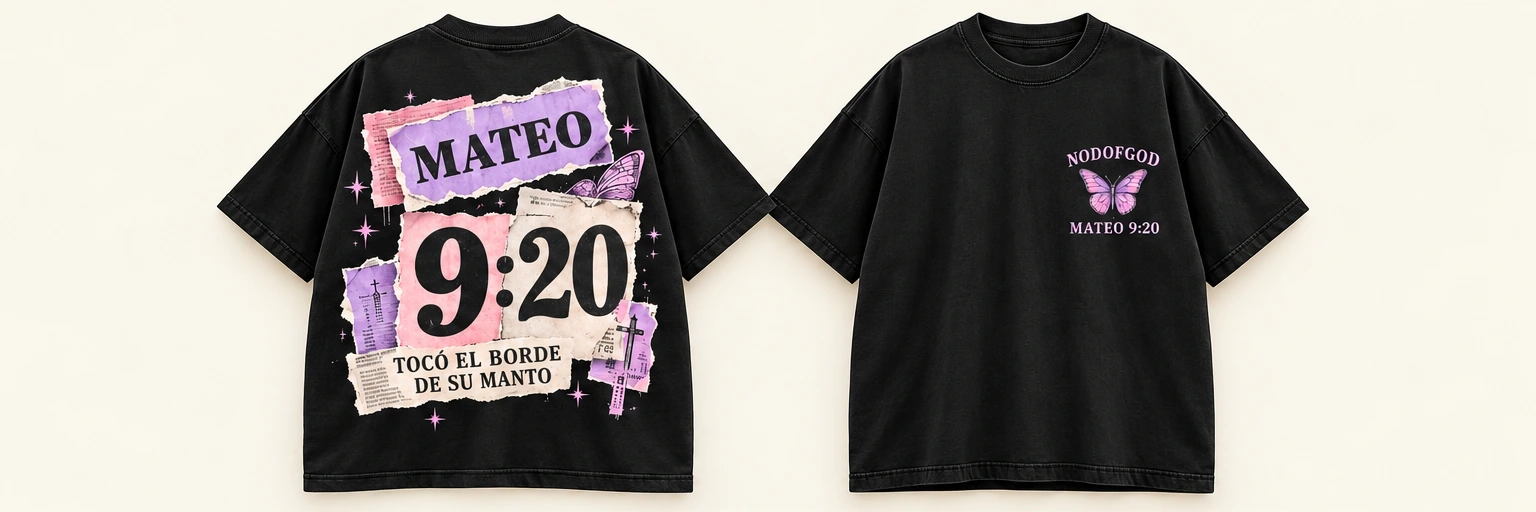 Polera mujer Mateo 9:20 collage, negra, frente y espalda