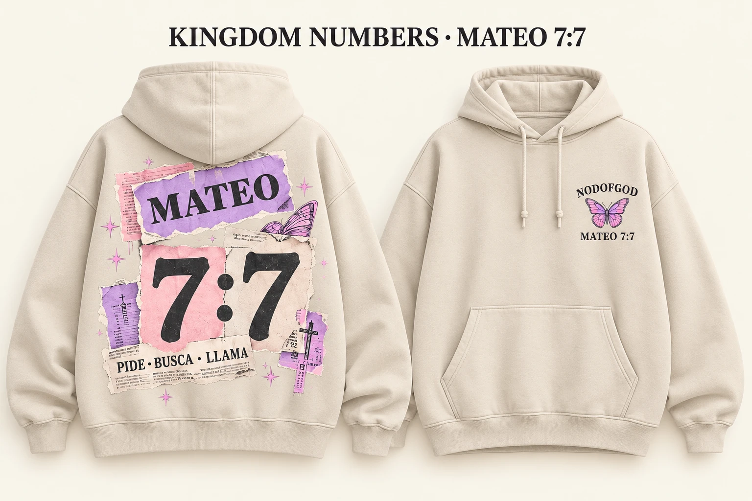Polerón MATEO 7:7 · COLLAGE, Beige claro, vistas delantera y trasera