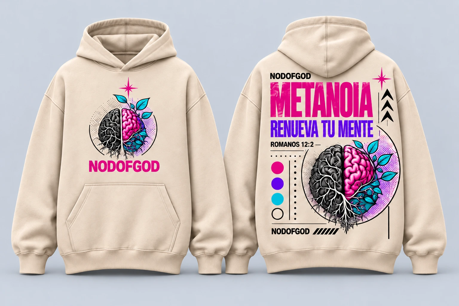 Polerón beige METANOIA, magenta, violeta y cian, vistas delantera y trasera