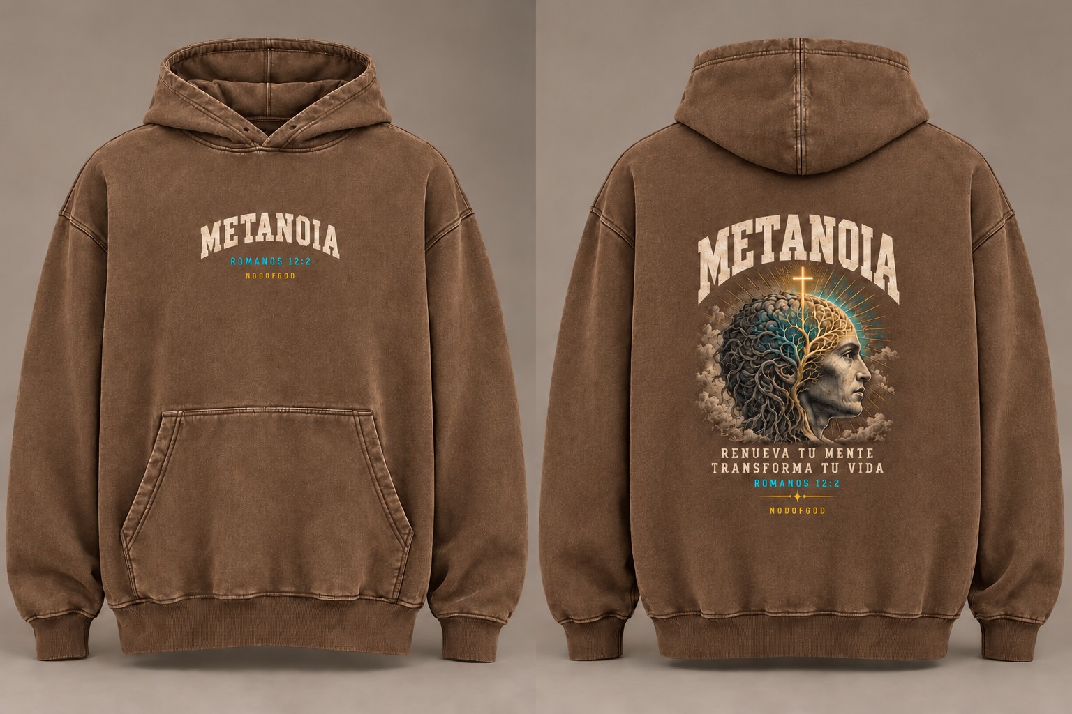 Polerón hombre METANOIA · ROMANOS 12:2, café, frente y espalda