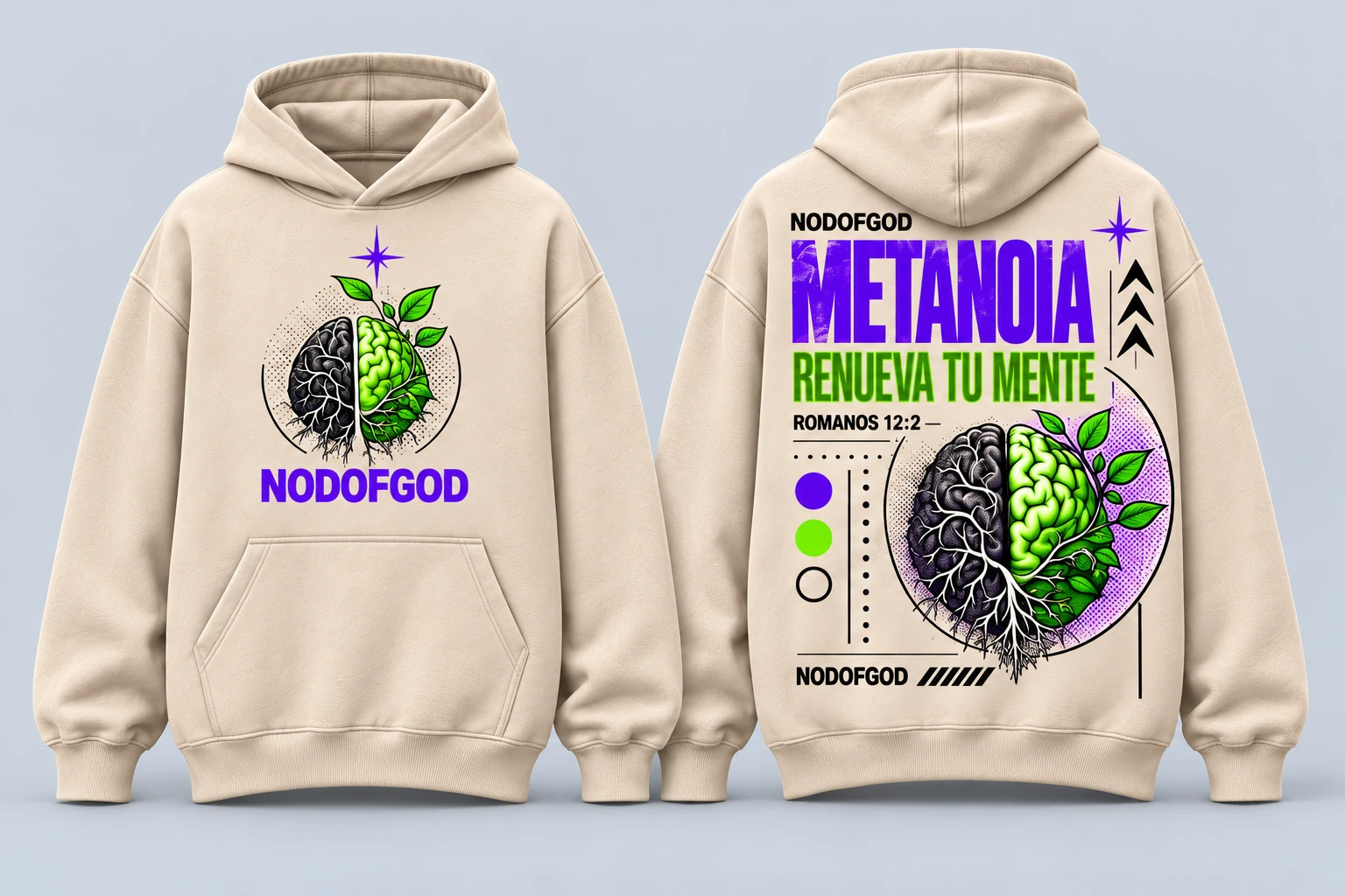 Polerón beige METANOIA, violeta y verde neón, vistas delantera y trasera