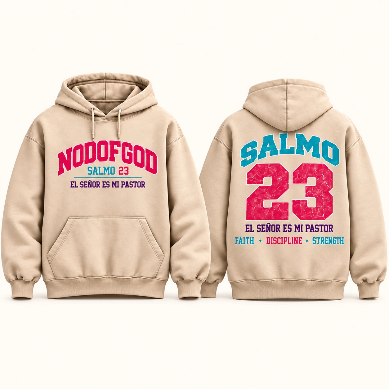 Polerón mujer SALMO 23, beige, frente y espalda