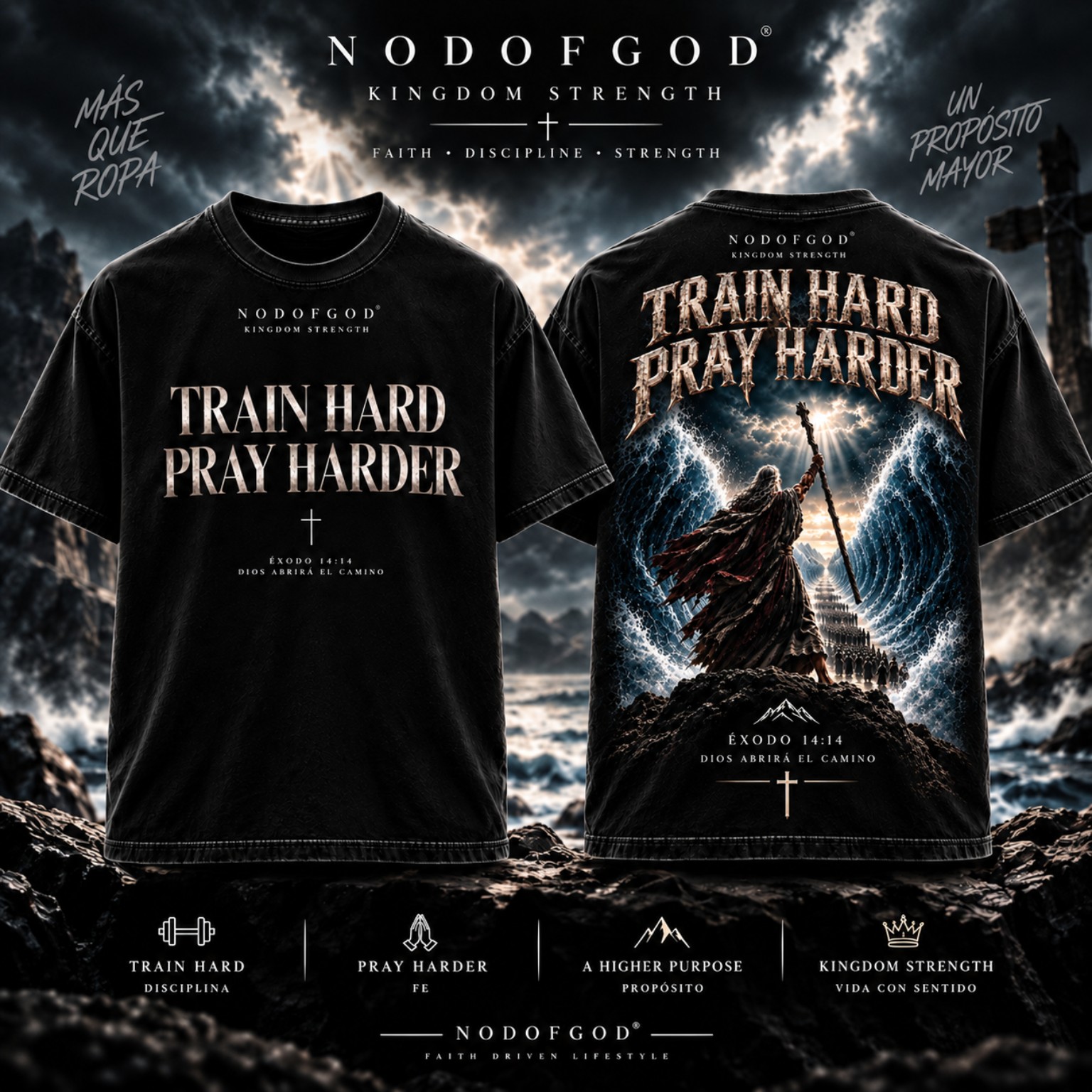 Polera NODOFGOD Train Hard Pray Harder, vista frontal y posterior